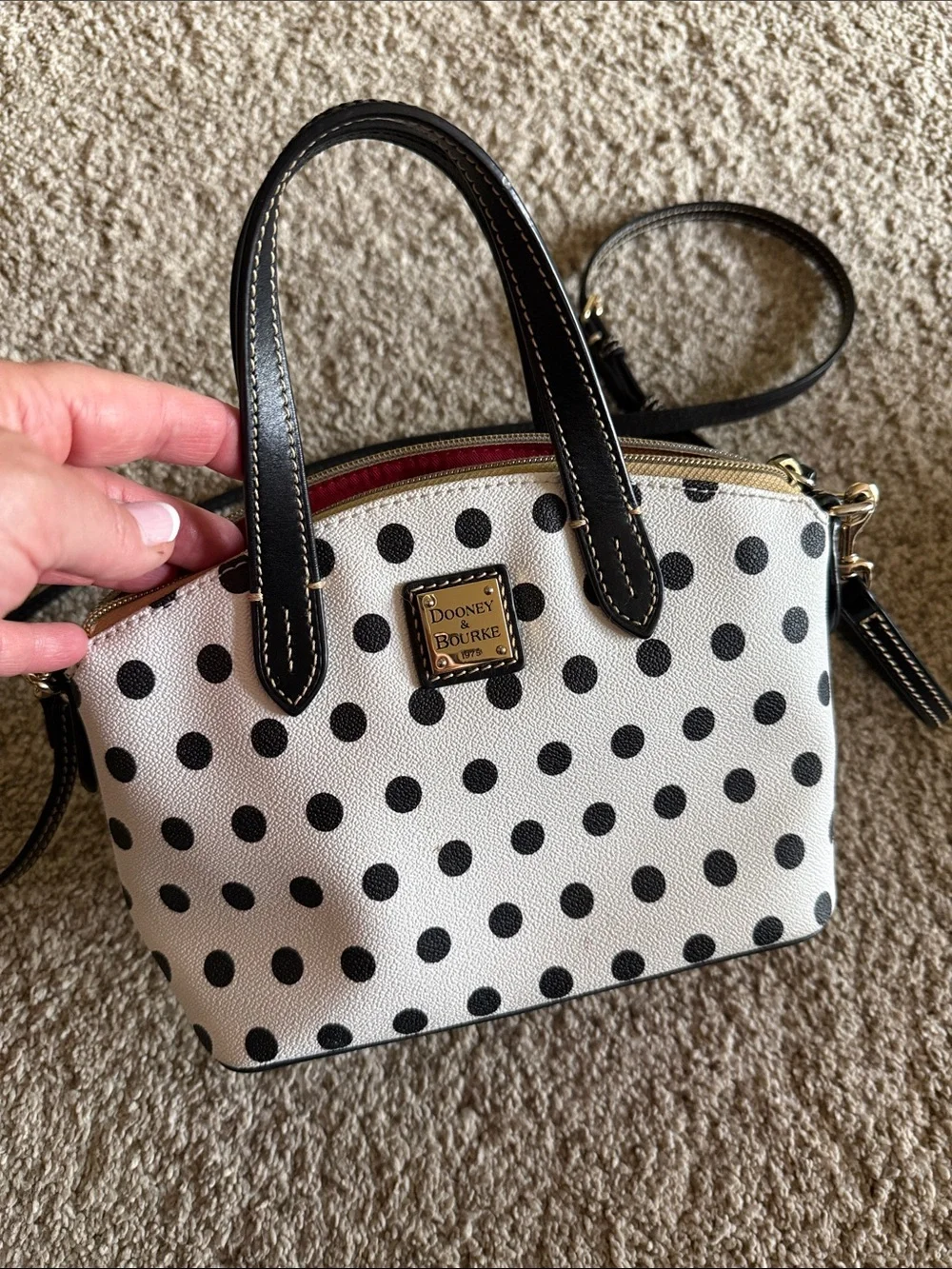 Dooney & Bourke White Polka Dot Satchel with Black Trim